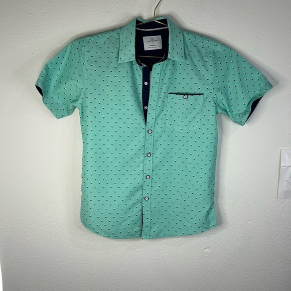 Craft + Flow Boys Size Small 8 Mint Green Short Sleeve Button Down Shirt Print - Picture 1 of 6